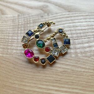 Multi color Jeweled Gold Tone Logo Brooch Pin